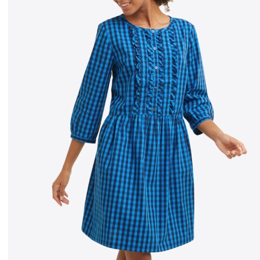 Draper James Blue Gingham Ruffle-Front Cotton Dress